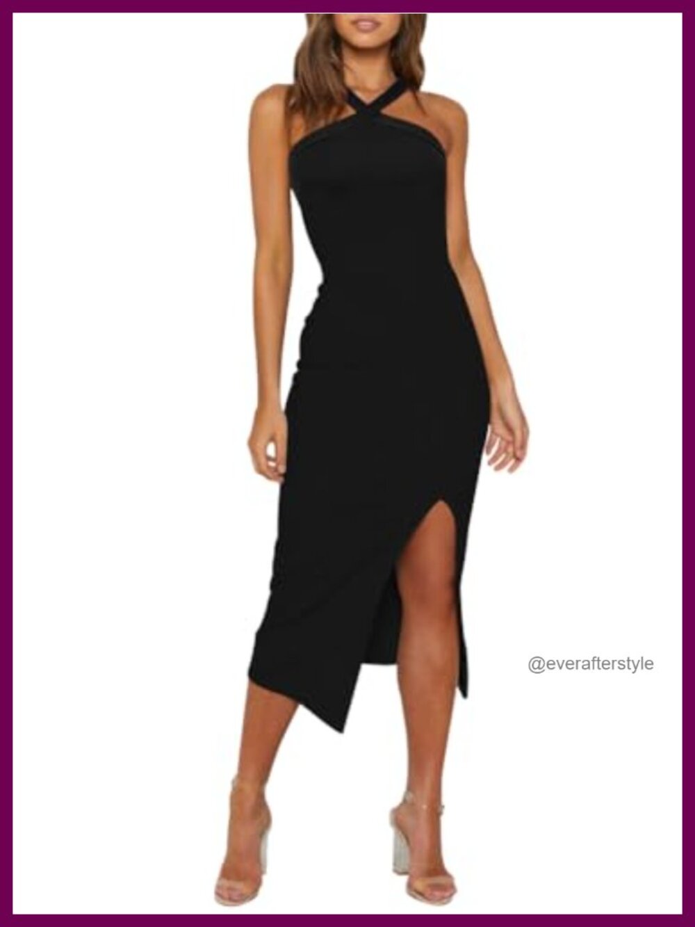 Women's Halter Bodycon Midi Dress High Waist Side Slit Cocktail Wedding Guest